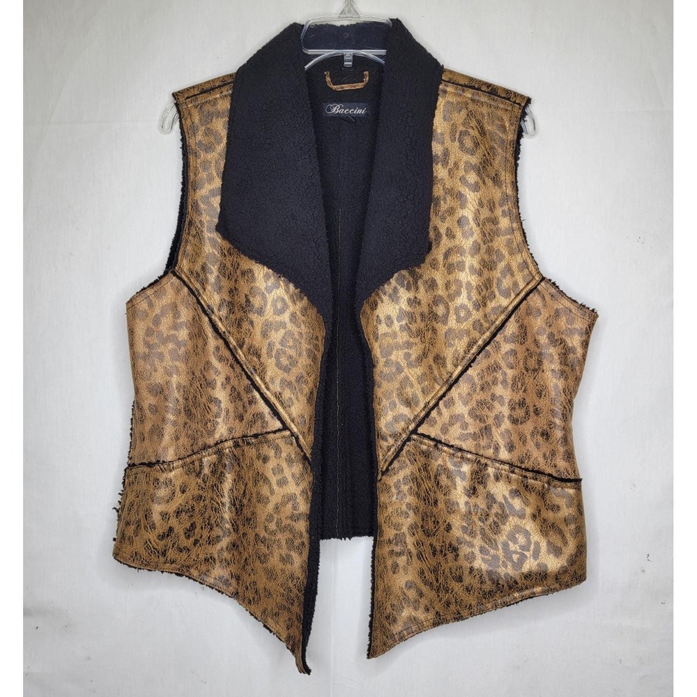 Baccini‎ Metallic Gold Leopard Print Sherpa Lined Open Front Vest ~ Vintage 90s